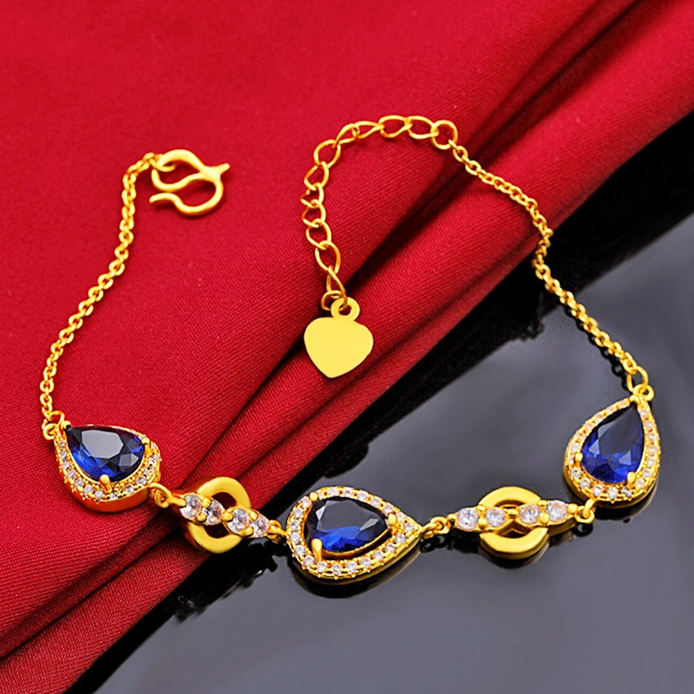 

Blue Zircon Inlaid Teardrop Link Chain Bracelet Women Yellow Gold Filled Charm Lady Jewelry Gift
