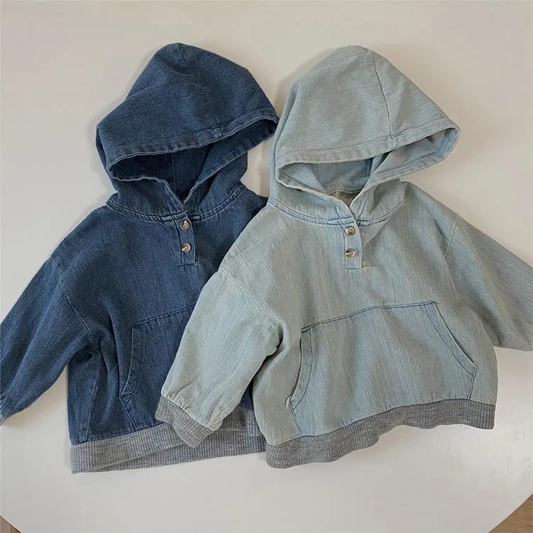 Children's autumn top boys and girls fashion knitted stitching hooded big pocket denim top
Children's autumn top boys and girls fashion knitted stitching hooded big pocket denim top