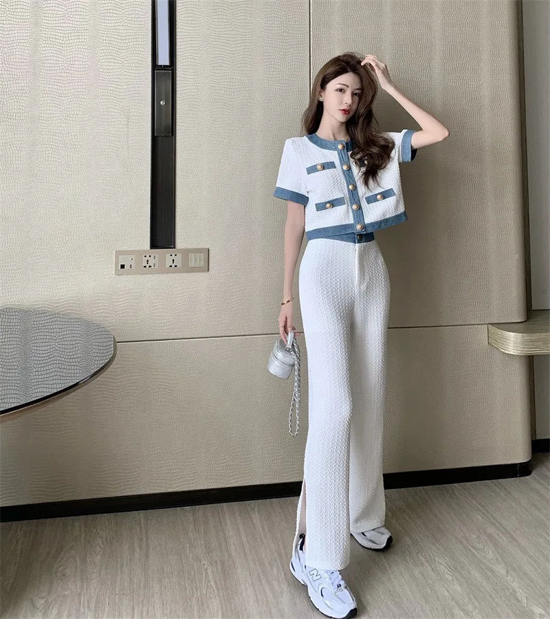Ladies suit fashion trend ladies summer contrast color 2-piece suit S-XXXXL single-breasted blouse high-waist split wide-leg pan
Ladies suit fashion trend ladies summer contrast color 2-piece suit S-XXXXL single-breasted blouse high-waist split wide-leg pan