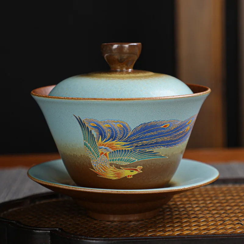 

Retro Phoenix Ceramic Tea Bowl with Lid 150ml Chinese Kung Fu Teaware Cup and Saucer Set Coarse Pottery Household Tureen Gaiwan