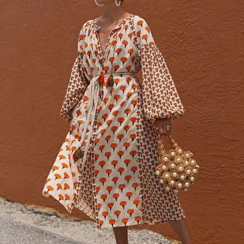 Vintage Striped Floral Print Tassel Long Maxi Dress Women Autumn Summer Boho Loose V-Neck Puff Sleeve Beach Party Robe Vestidos
Vintage Striped Floral Print Tassel Long Maxi Dress Women Autumn Summer Boho Loose V-Neck Puff Sleeve Beach Party Robe Vestidos