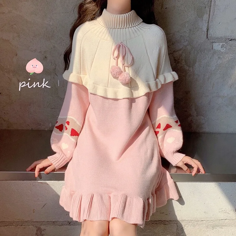 Autumn Winter Women Sweet Lolita Knitted Dress Cute Patchwork Ruffles Pink girl Autumn japan Kawaii Girl Sweaters Dresses
Autumn Winter Women Sweet Lolita Knitted Dress Cute Patchwork Ruffles Pink girl Autumn japan Kawaii Girl Sweaters Dresses