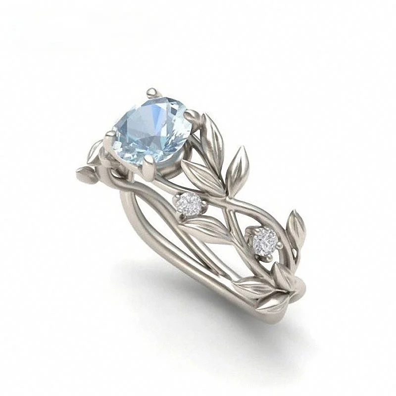 Обручальное кольцо с цирконом в форме листьев, с сапфиром 
Обручальное кольцо с цирконом в форме листьев, с сапфиром