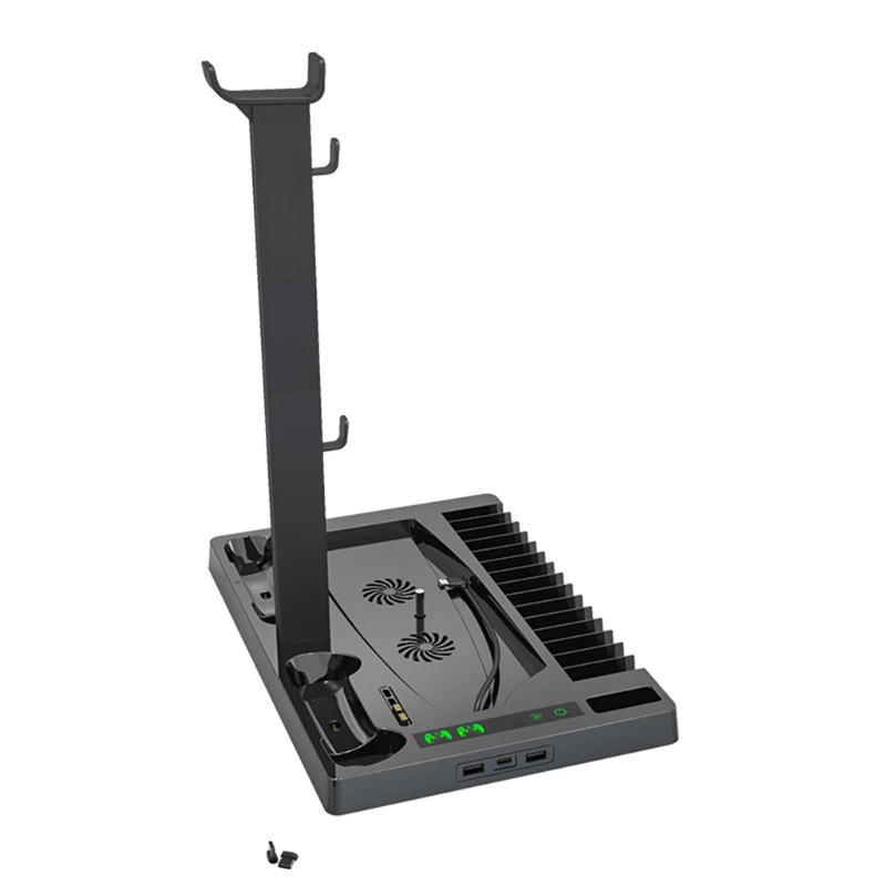 Multifunctional Vertical Cooling Stand Base Fan Cooler Dual Charging Dock for PS5 Host with Headset Storage Rack Holder
Multifunctional Vertical Cooling Stand Base Fan Cooler Dual Charging Dock for PS5 Host with Headset Storage Rack Holder