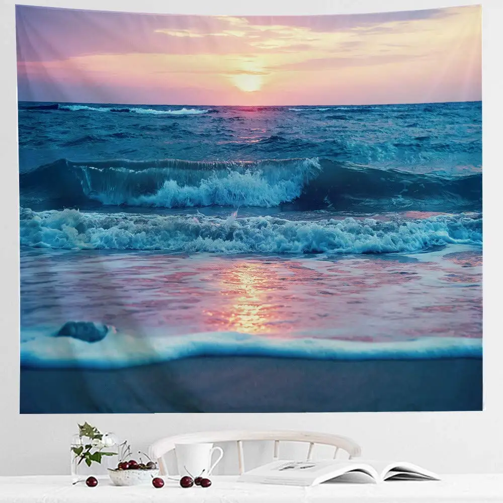 

Ocean Tapestry Wall Hanging Sea Beach Wave Sun Cloud Landscape Scenery Nature Wall Art51x60, Blue