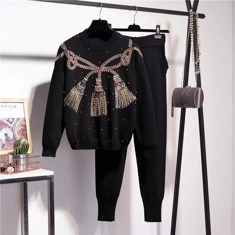 Autumn Women Winter Thicken Handmade Sequined Beaded Pattern Knitted Sweaters +Trousers 2 Pieces Tracksuits Clothing Sets C861
Autumn Women Winter Thicken Handmade Sequined Beaded Pattern Knitted Sweaters +Trousers 2 Pieces Tracksuits Clothing Sets C861