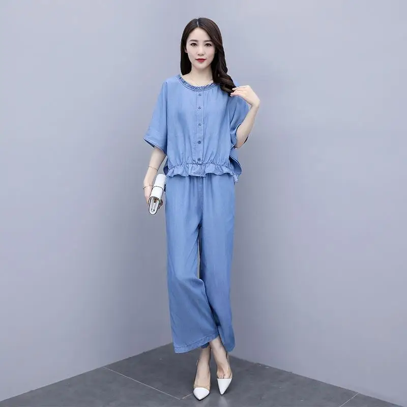 Summer Clothes 2021 Women Imitate Denim Two-piece Set Loose Solid O-neck Short-sleeve Top and Wide-leg Pants Suits M-4XL Y773
Summer Clothes 2021 Women Imitate Denim Two-piece Set Loose Solid O-neck Short-sleeve Top and Wide-leg Pants Suits M-4XL Y773