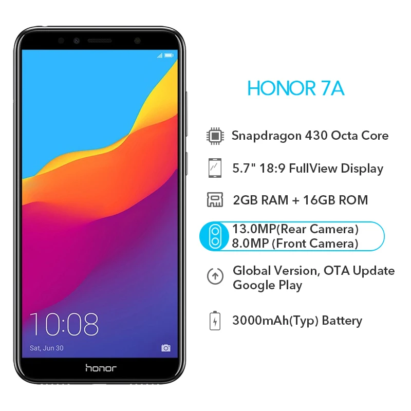 Honor 7A 2 Гб оперативной памяти 16 встроенной Сотовый телефон Snapdragon 430 Octa Core 13MP 5 7 &quot18:9