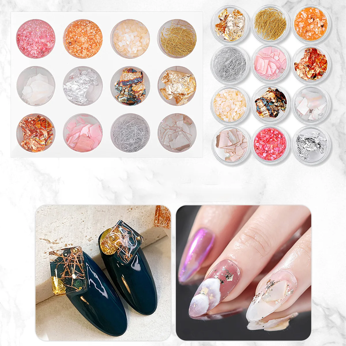 Nail Art Jewelry 12Grids/box Aurora Sequin Jewelry Gold Foil Silver Foil Gold and Silver Thread Irregular Shell Pieces DIY 
Nail Art Jewelry 12Grids/box Aurora Sequin Jewelry Gold Foil Silver Foil Gold and Silver Thread Irregular Shell Pieces DIY