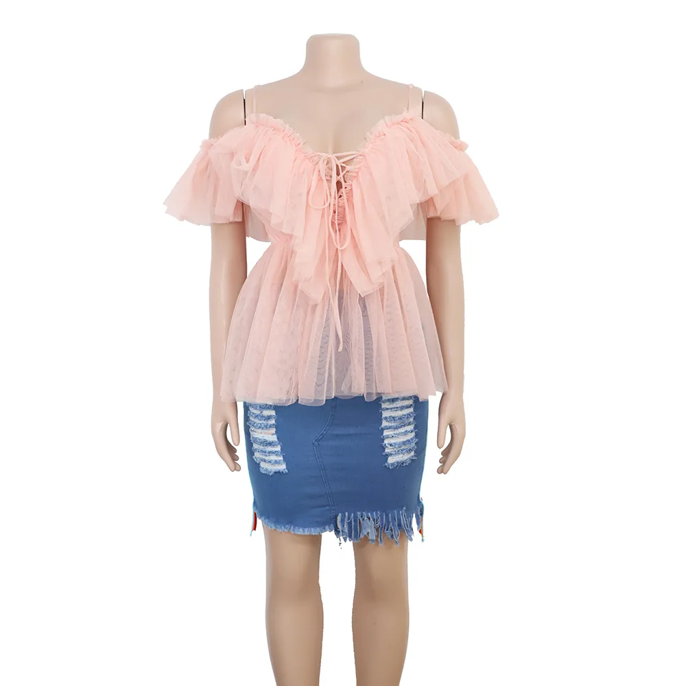 Mandylandy Mesh Stitching T-shirt Women's Ruffle V-neck T-shirt Summer Sexy V-neck Spaghetti Strap Backless Ruffled T-shirt 
Mandylandy Mesh Stitching T-shirt Women's Ruffle V-neck T-shirt Summer Sexy V-neck Spaghetti Strap Backless Ruffled T-shirt