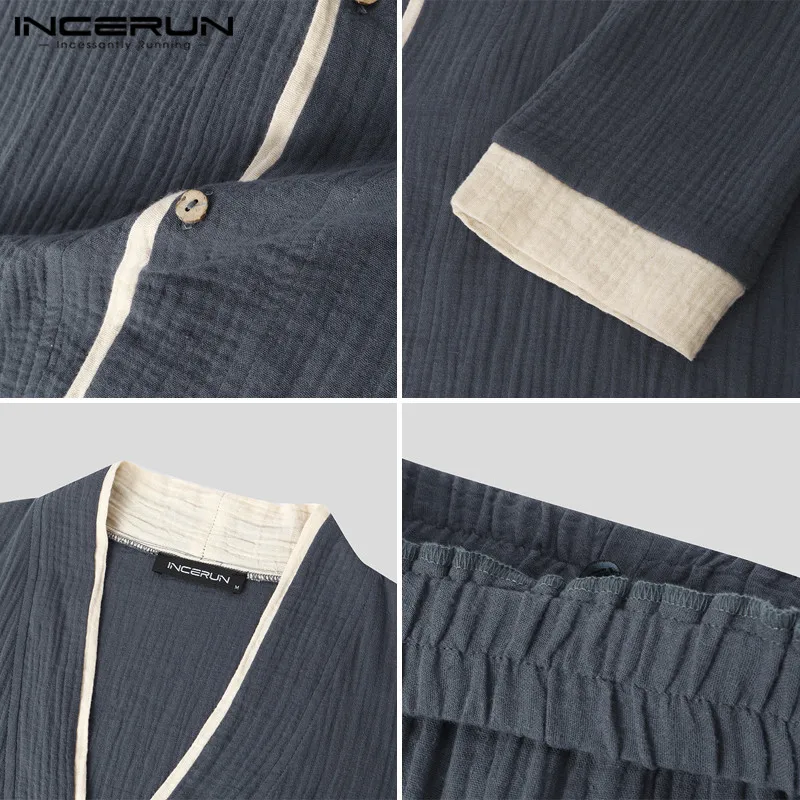 2021 Men Pajamas Sets V Neck Button Long Sleeve Comfortable Cotton Sleepwear Pants Casual Homewear Men Nightwear Sets INCERUN 
2021 Men Pajamas Sets V Neck Button Long Sleeve Comfortable Cotton Sleepwear Pants Casual Homewear Men Nightwear Sets INCERUN