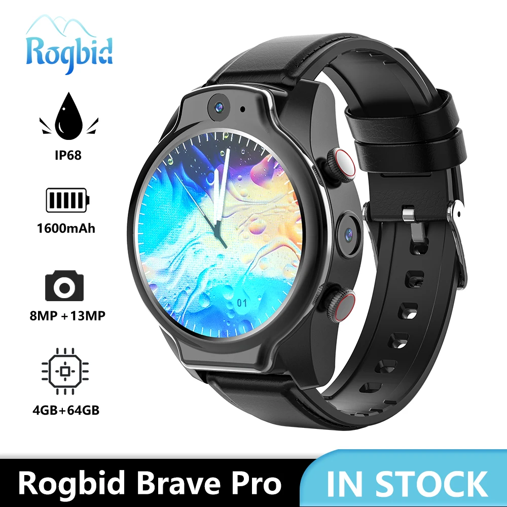 

Смарт-часы Rogbid Brave Pro, 4G LTE, Android 10, 4 ГБ, 64 ГБ, 1600 мА · ч, Wi-Fi, GPS, камера 13 МП, водонепроницаемость IP68