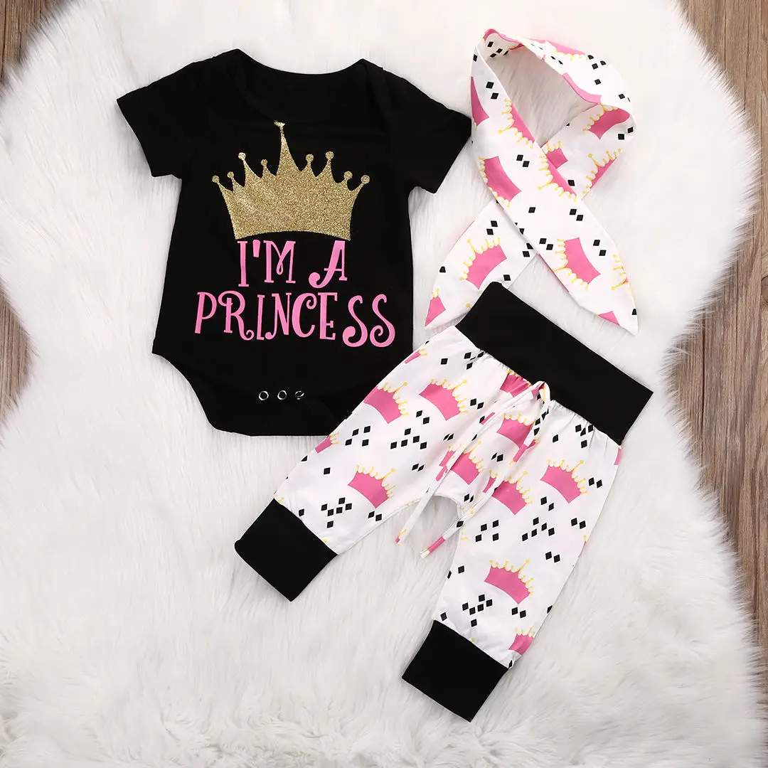 Комплект одежды для новорожденных девочек милый топ с короной и штаны леггинсы