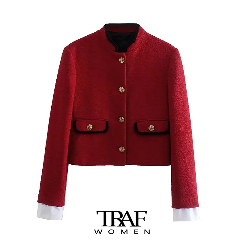 TRAF Women Fashion With Pockets Tweed Cropped Blazer Coat Vintage High Neck Long Sleeve Female Outerwear Chic Veste 
TRAF Women Fashion With Pockets Tweed Cropped Blazer Coat Vintage High Neck Long Sleeve Female Outerwear Chic Veste