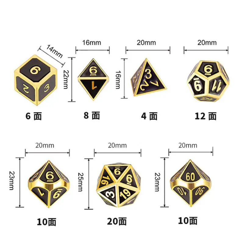 New Metal Dice 7pcs/set RPG Dice Board Game Toy D4 D6 D8 D10 D12 D20 Magic Props Polyhedral Dice A69A
New Metal Dice 7pcs/set RPG Dice Board Game Toy D4 D6 D8 D10 D12 D20 Magic Props Polyhedral Dice A69A