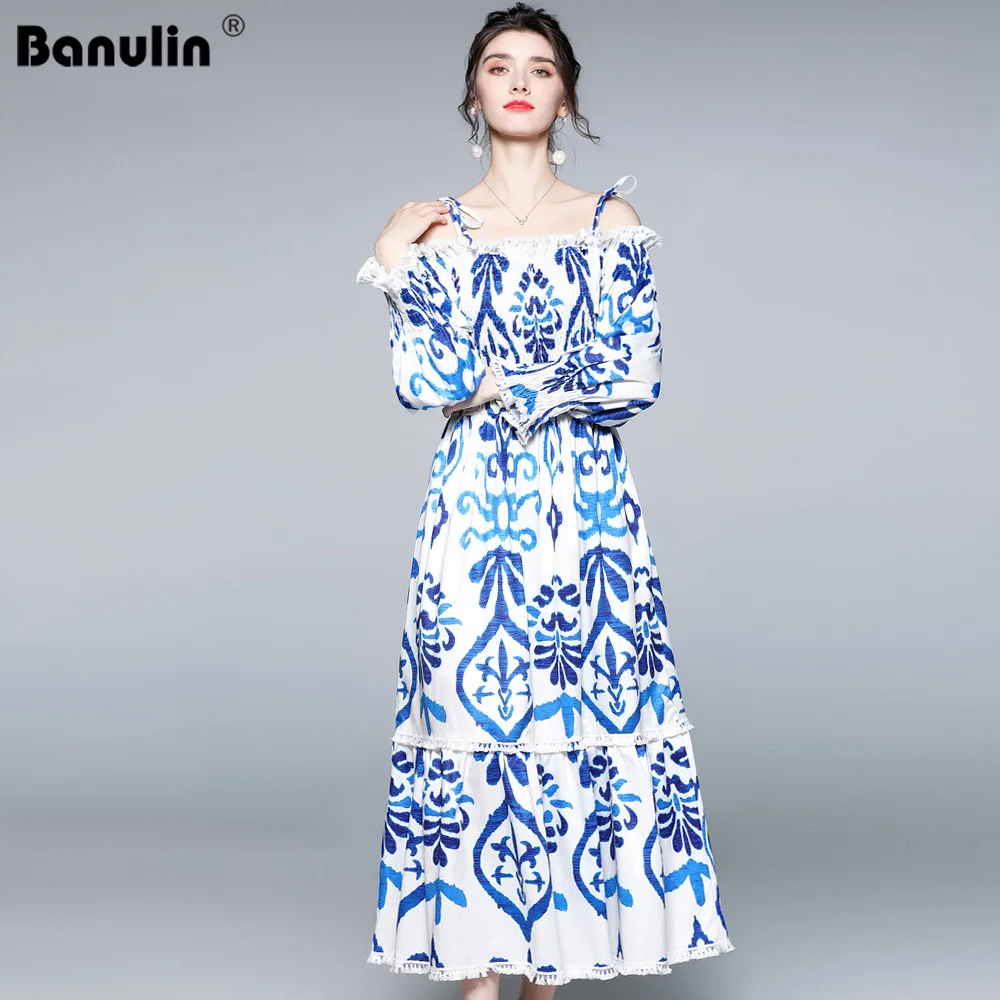 Banulin 2021 Runway Summer Bow Spaghetti Strap Long Dress Women's Blue and white porcelain Print Bohemian Holiday Dress N55105
Banulin 2021 Runway Summer Bow Spaghetti Strap Long Dress Women's Blue and white porcelain Print Bohemian Holiday Dress N55105