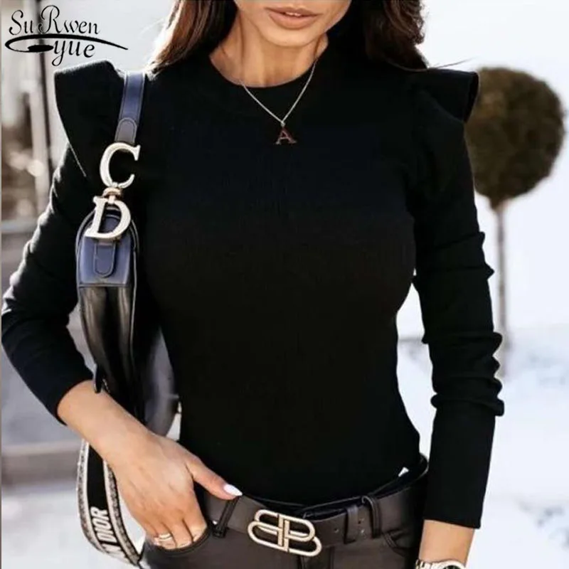 

Autumn Fashion Women's Blouse Autumn and Winter Solid Ruffled Long Sleeve Pullover Bottoming Shirt Office Lady Style 12596