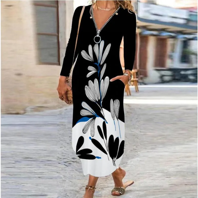 Women Autumn Dress Long Sleeve Floral Print Sexy Zipper V-Neck Boho Dress Women New Casual Slim Pocket Dresses Robe Femme 2021
Women Autumn Dress Long Sleeve Floral Print Sexy Zipper V-Neck Boho Dress Women New Casual Slim Pocket Dresses Robe Femme 2021