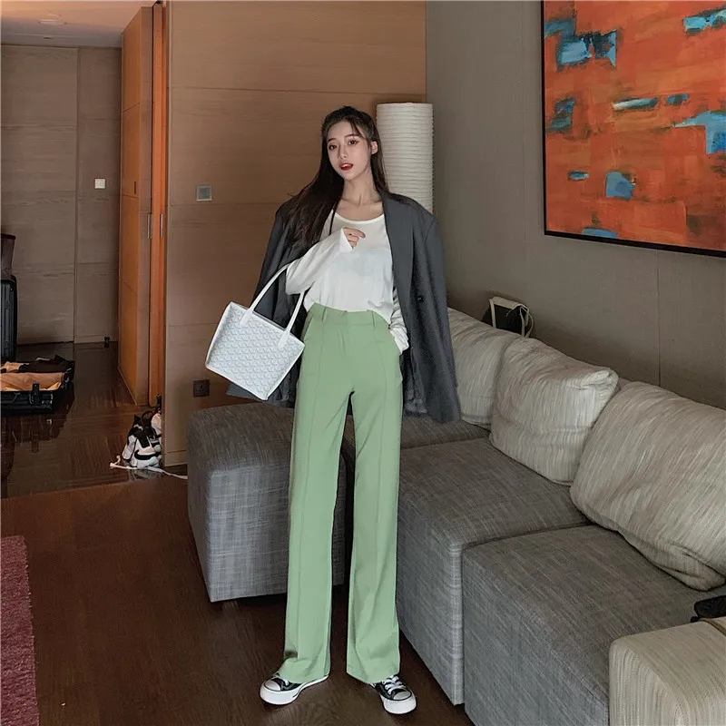 Elegant Women's Pants Spring Autumn Solid High Waist Buttons Wide Leg Office Lady Straight Slim Trousers Femme | Женская одежда