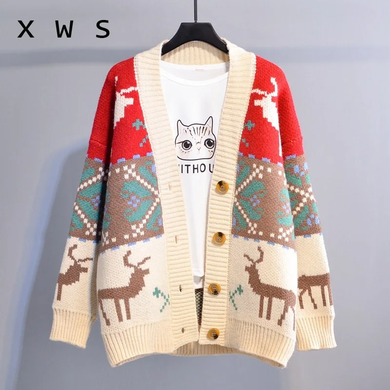 

2020 autumn Women Fashion Korean Sweater Jackets DEER Christmas Long Knit Coat Oversized Knit Sweater and Cardigans Femme