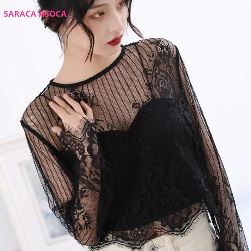 

Long Sleeve Lace Perspective Black O-Neck Detachable Collars Shawl Women All Match Lace Sweater Faek Collar Smock Lady LS-5