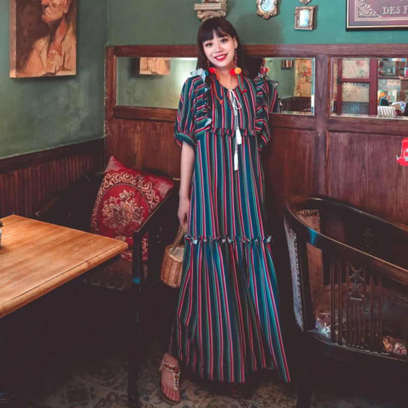 

V-Neck Maxi Flounce Stitching Beach Dresses 2021 Bohemia Multi Strip Print Short Sleeve Loose Robe Femme Ethnic Arabian Clothes