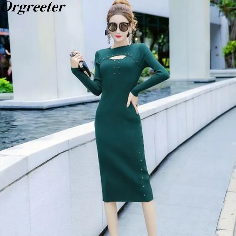 Sexy Hollow Out Solid Sheath Knitted Dresses Women Fall Winter New Long Sleeve O-neck Rivet Bodycon Stretch Sweater Dress Robe
Sexy Hollow Out Solid Sheath Knitted Dresses Women Fall Winter New Long Sleeve O-neck Rivet Bodycon Stretch Sweater Dress Robe