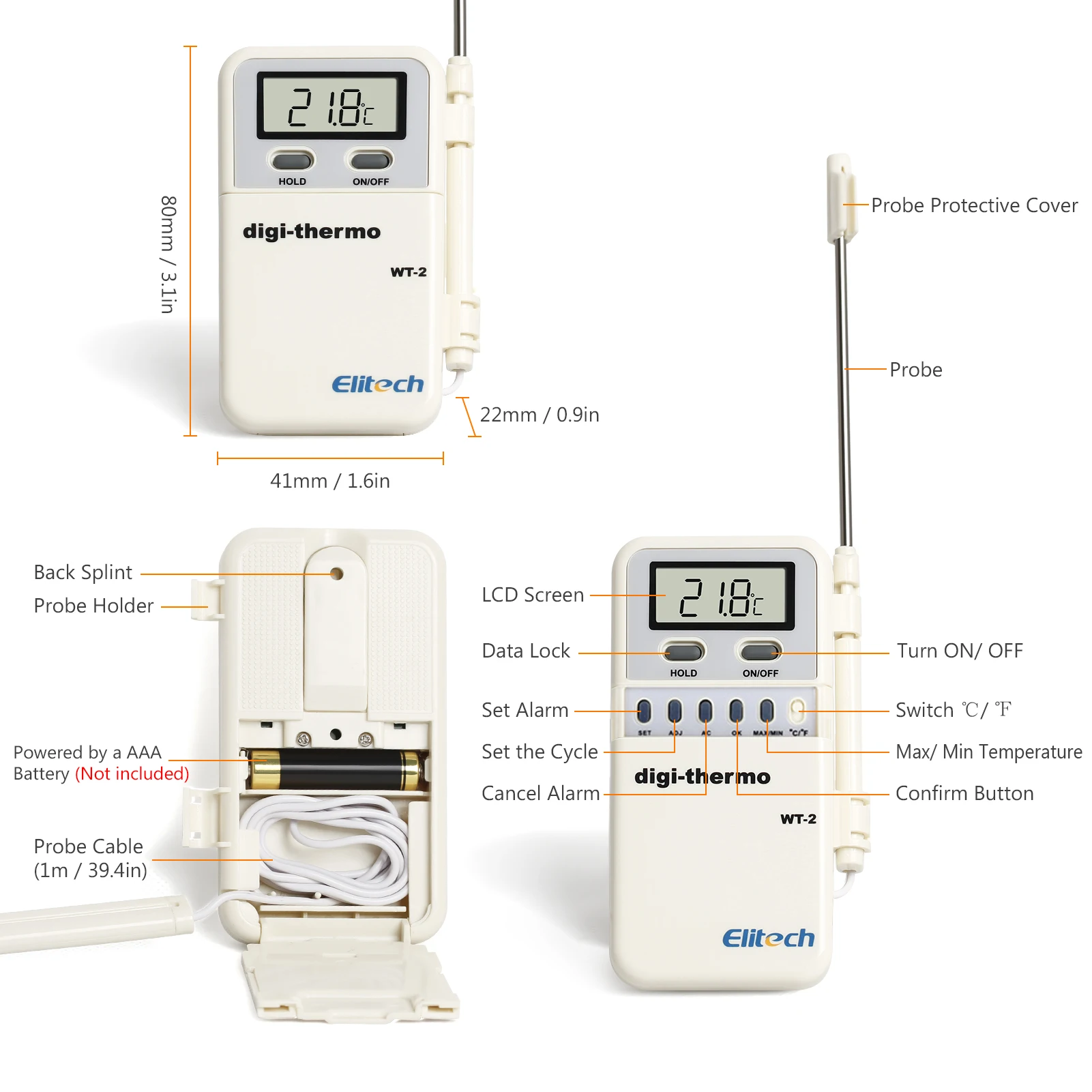 Elitech WT-2 Instant Read Food Thermometer LCD Display Switchable Data Lock Function Temperature Alarm Digital Meat Thermometer 
Elitech WT-2 Instant Read Food Thermometer LCD Display Switchable Data Lock Function Temperature Alarm Digital Meat Thermometer