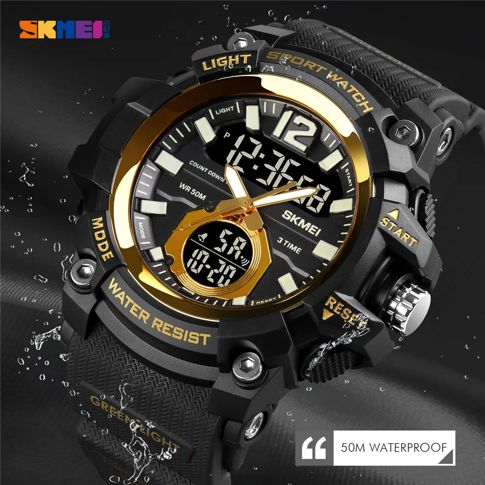 

SKMEI 1725 3 Time Men Sport Watches LED Dual Display Military Analog Clock 50m waterproof Digital Wristwatch Relogio Masculino