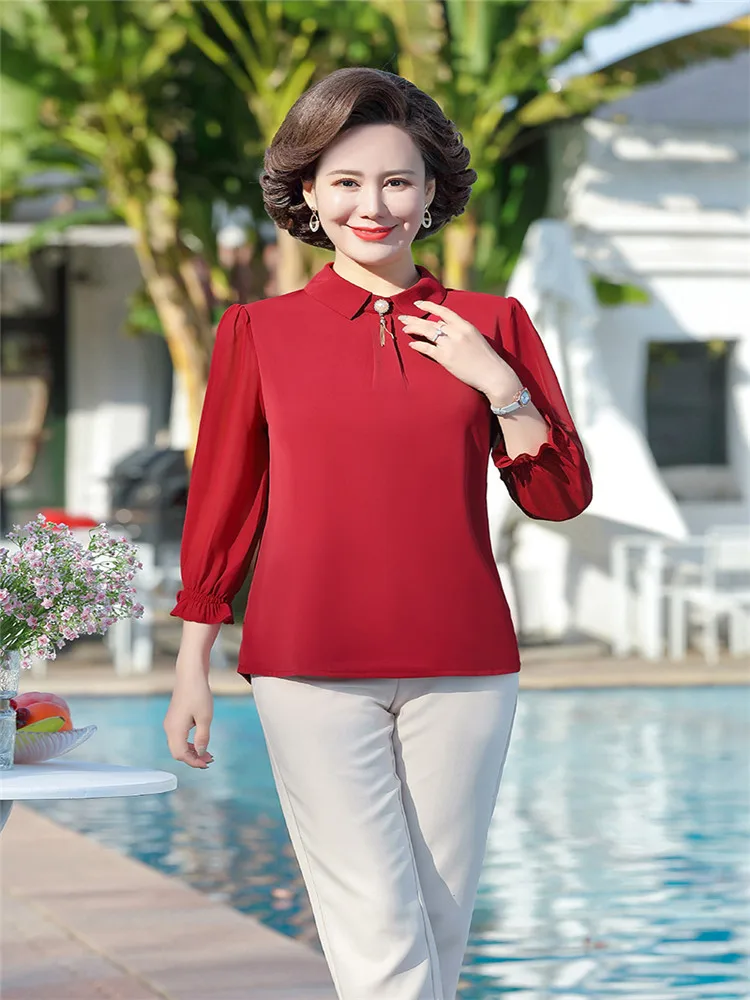 2022 Shirts Tops Women Blouses Office Chiffon Shirts Elegant lapel collar Lantern 3/4 sleeve Women Tops blusas 5XL
2022 Shirts Tops Women Blouses Office Chiffon Shirts Elegant lapel collar Lantern 3/4 sleeve Women Tops blusas 5XL