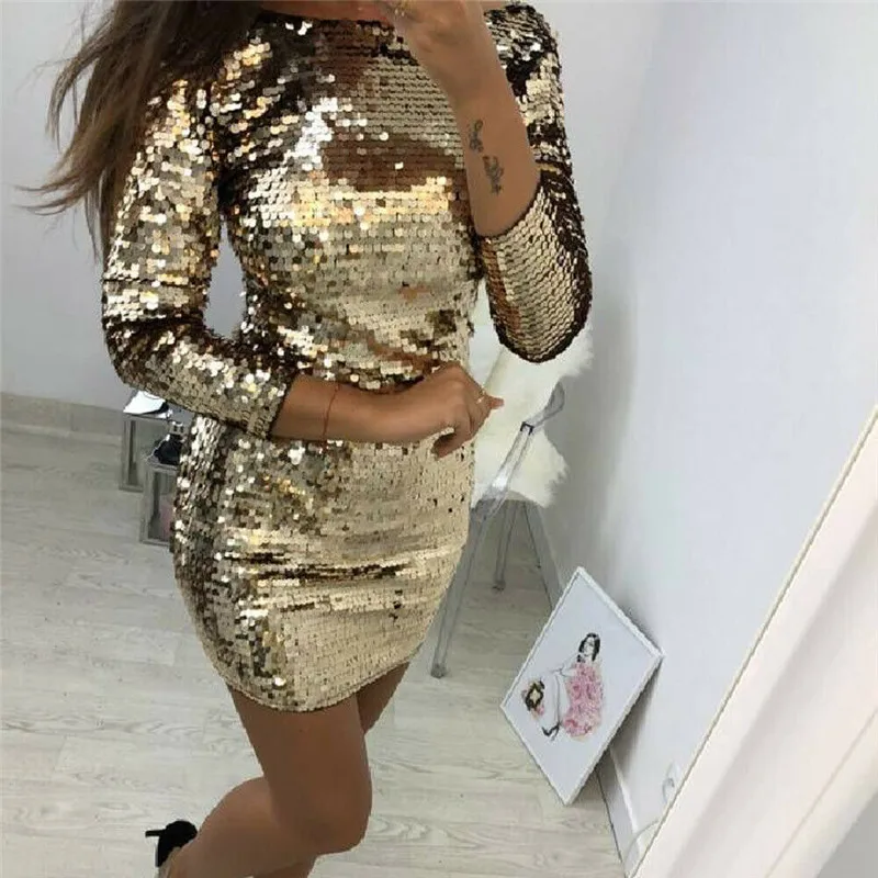 Elegant evening party dress of women long sleeve bodycon gold short dress for lady Backless sequin female clubwear dress 2020
Elegant evening party dress of women long sleeve bodycon gold short dress for lady Backless sequin female clubwear dress 2020