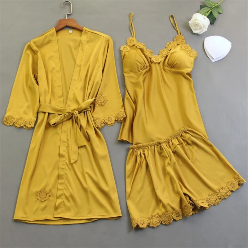 Spring Summer Women Satin Pajamas Sets With Chest Pads Pijama Sleepwear 3 Pieces Spaghetti Strap Pyjamas
Spring Summer Women Satin Pajamas Sets With Chest Pads Pijama Sleepwear 3 Pieces Spaghetti Strap Pyjamas