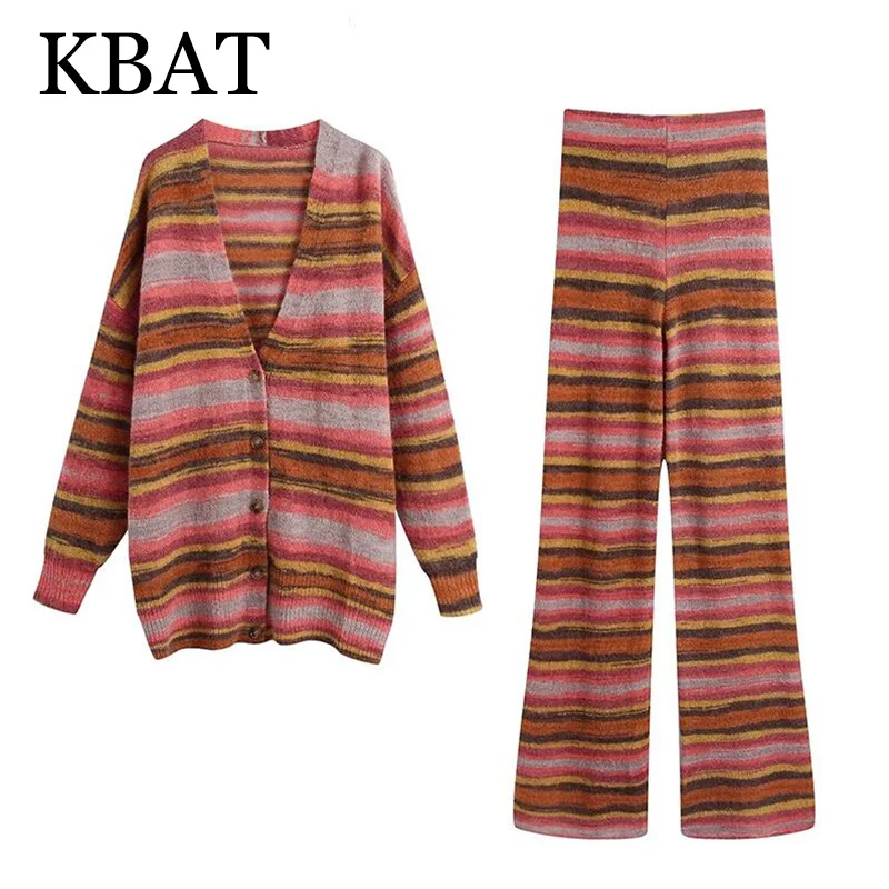 2021 KBAT Knitted Suit Vintage Striped Cardigan Casual High Waist Elastic Straight Pants Oversized Women Outfit Clothing Sets
2021 KBAT Knitted Suit Vintage Striped Cardigan Casual High Waist Elastic Straight Pants Oversized Women Outfit Clothing Sets