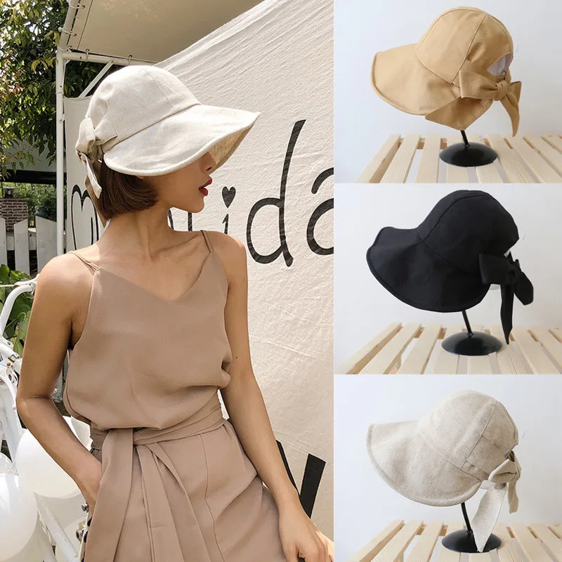 

CYGJFC Woman Cotton Summer Hemp Bucket Hat Sunscreen Cap Beach Outdoor Panama Bowknot Gorro Foldable Sun Hat Breathable Headwear