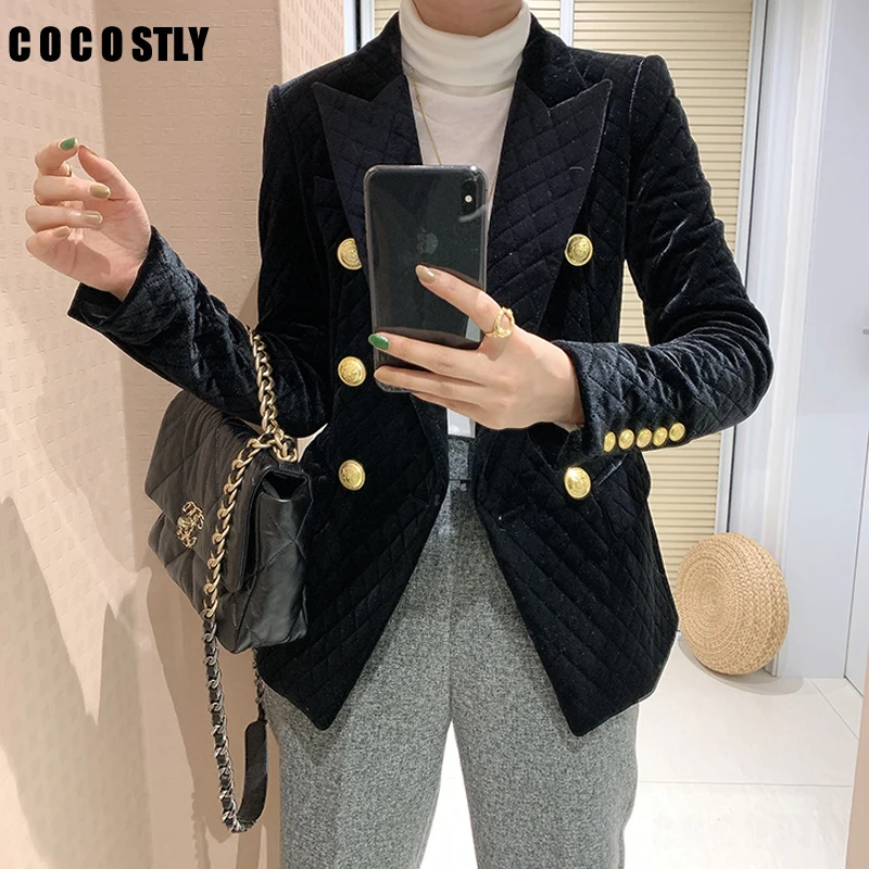 

Женский бархатный блейзер, приталенный офисный двубортный пиджак с длинным рукавом и золотыми пуговицами, черный пиджак, новинка 2020
