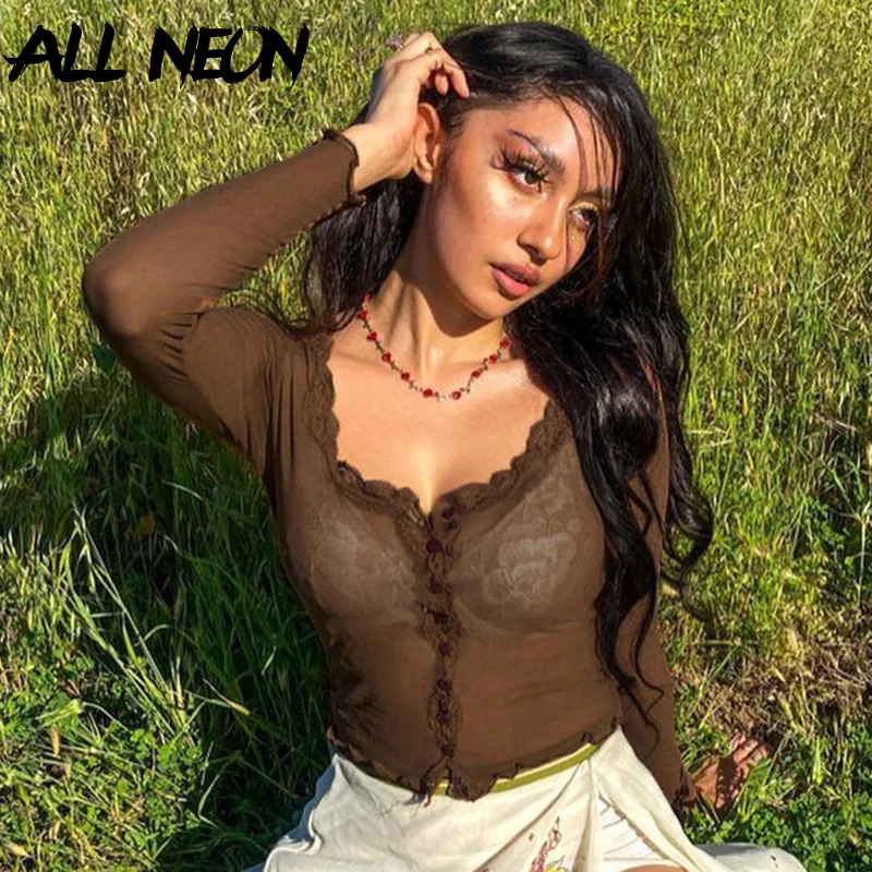 ALLNeon 90s Уличная оборки сетка коричневые верх Винтаж квадратным воротником и