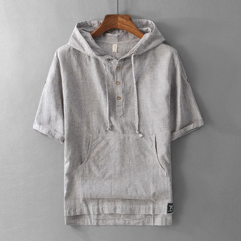 Summer Fashion Men Shirts Hooded Collar Half Length Sleeve Linen Shirts Men Cotton Tee Pullover Vintage Casual Stripe Shirts
Summer Fashion Men Shirts Hooded Collar Half Length Sleeve Linen Shirts Men Cotton Tee Pullover Vintage Casual Stripe Shirts