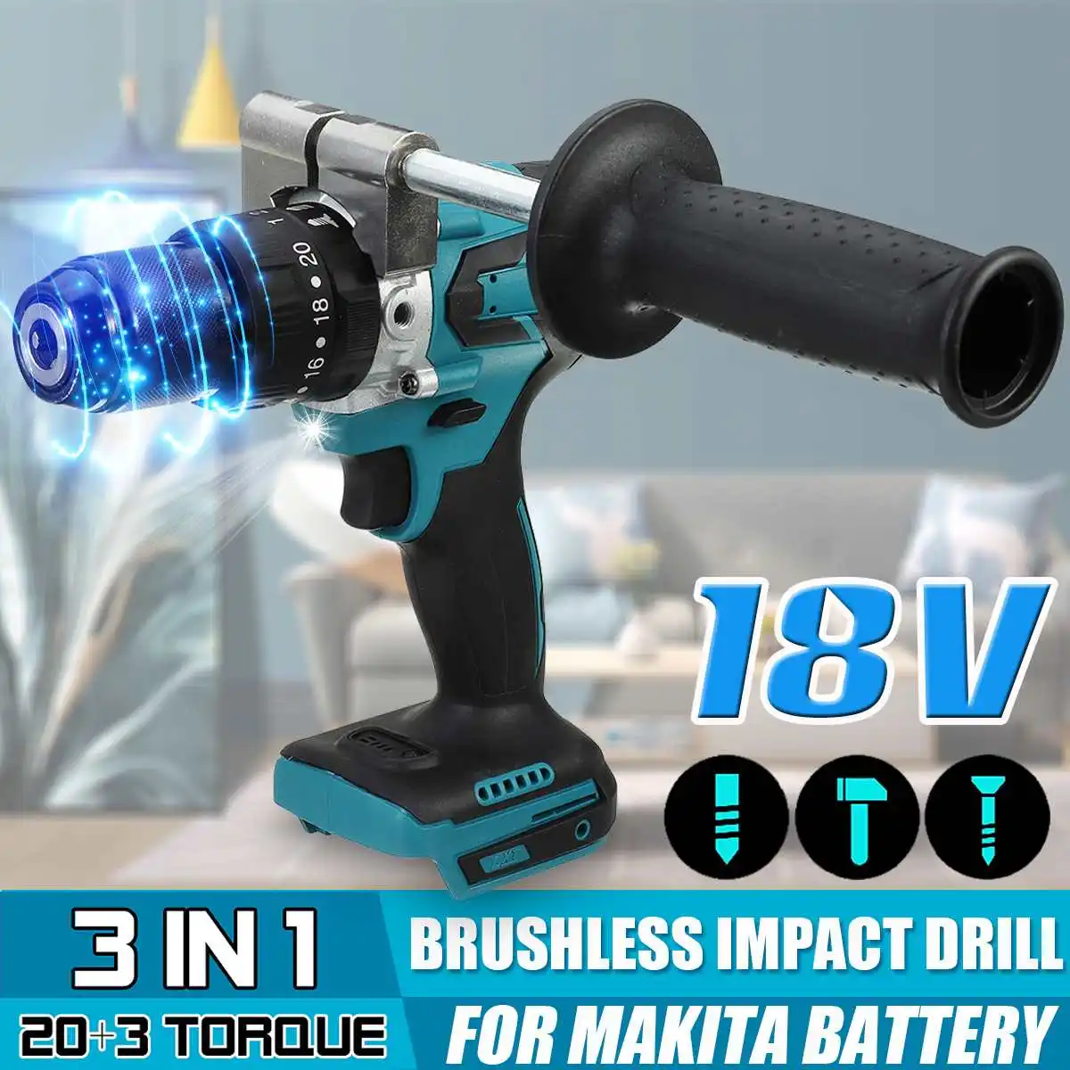 Brushless Electric Hammer Driver Impact Drill 3 in 1 with Handle 20+3 Torque Cordless Compact Drill For Makita 18V Battery
Brushless Electric Hammer Driver Impact Drill 3 in 1 with Handle 20+3 Torque Cordless Compact Drill For Makita 18V Battery