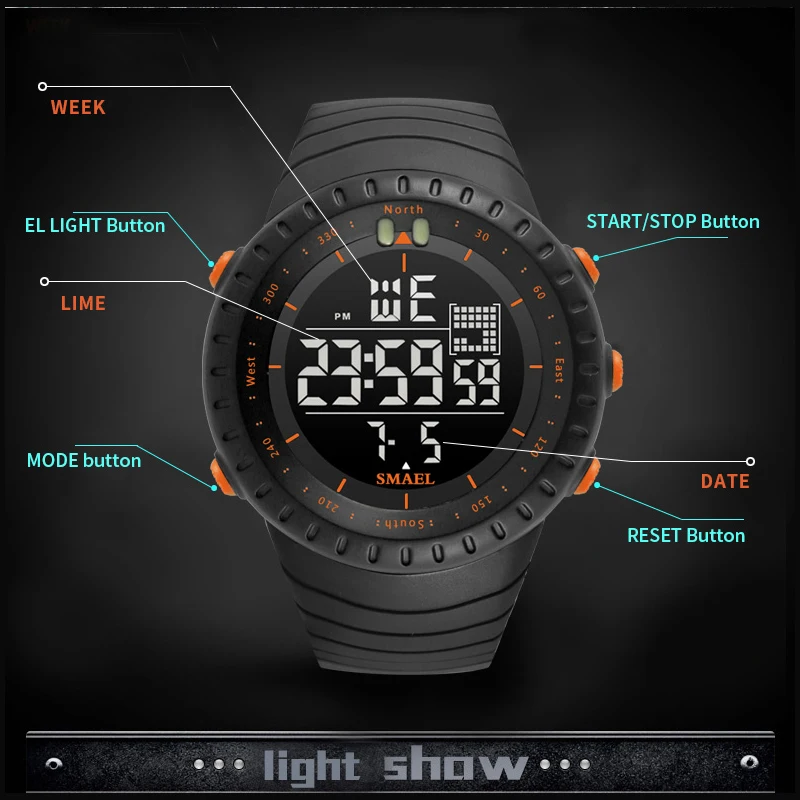 Мужские электронные наручные часы SMAEL брендовые цифровые водонепроницаемые