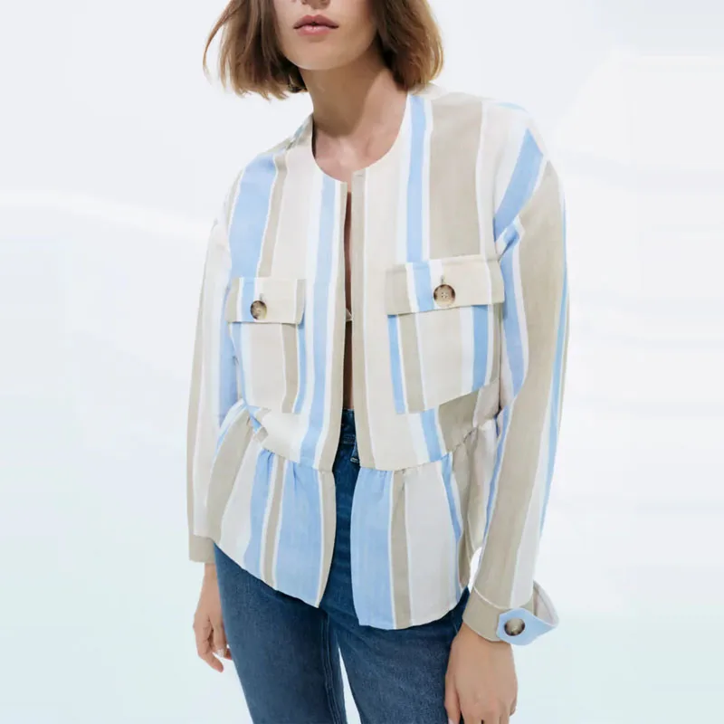 2021 Striped Open Front Jacket Women Long Sleeve Patch Pockets Vintage Jackets Top Female Fashion Summer Outerwear Tops
2021 Striped Open Front Jacket Women Long Sleeve Patch Pockets Vintage Jackets Top Female Fashion Summer Outerwear Tops