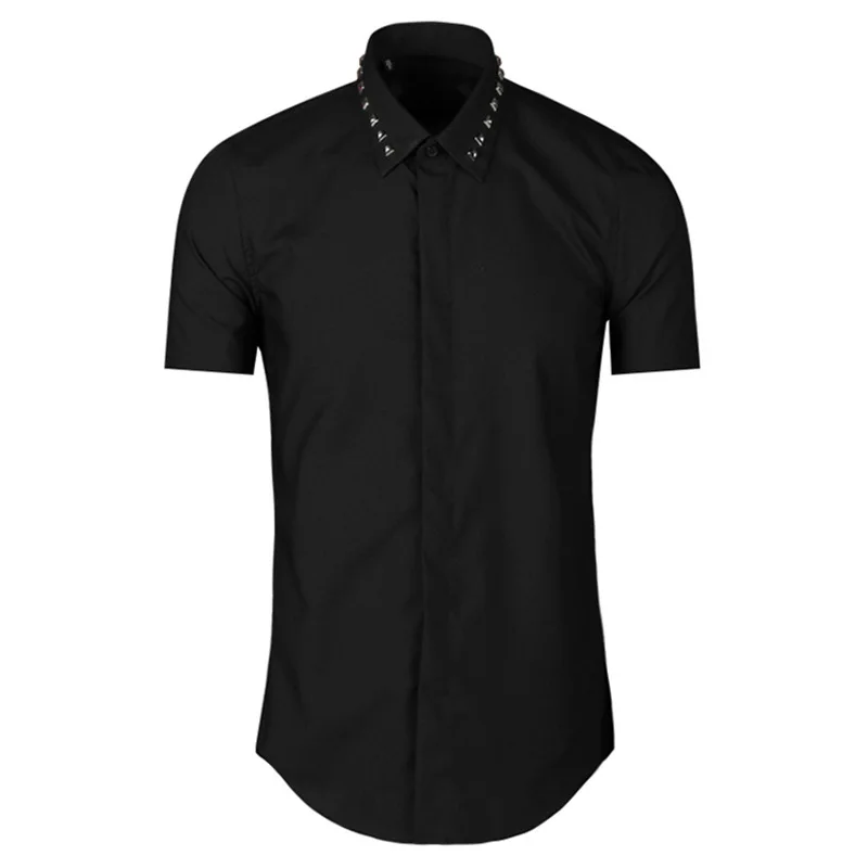 

New 2021 Men luxurious Embroidery Metal rivet Fashion Silk Casual Shirts Shirt high Pocket Short-sleeves S 2XL #D277