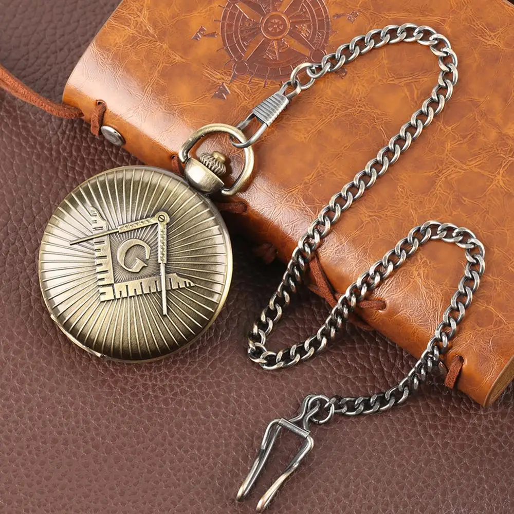 Overaize Big "G" Freemasons Bronze Quartz Pocket Watch with Chain Fob Watches with Pocket Chain