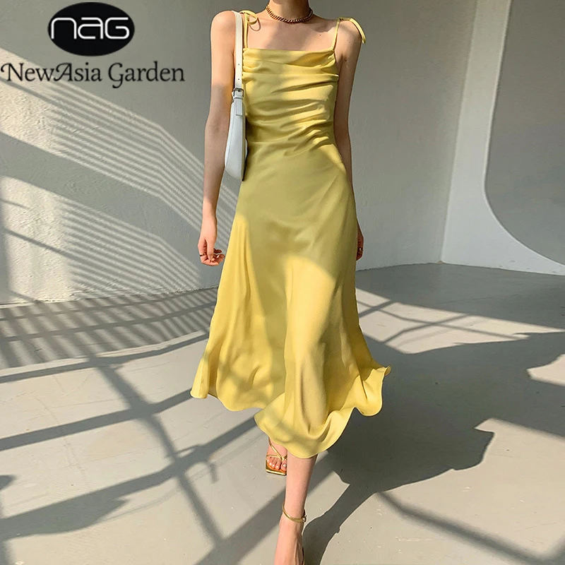 

NewAsia Satin Dress Tie up Spaghetti Strap Backless Cowl Neck ALine Long Dress Sexy Midi robe femme Summer Dress for Women 2021