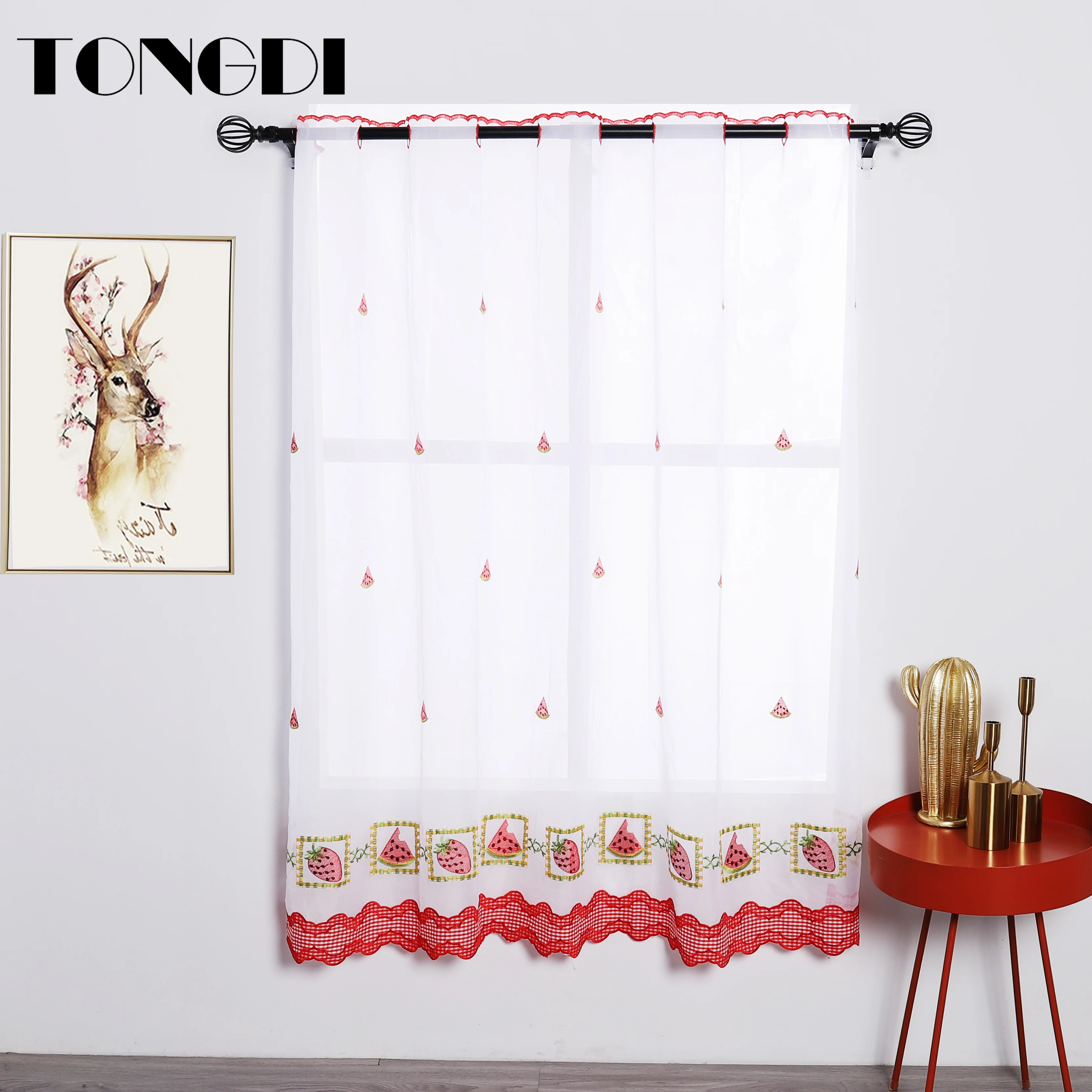 

TONGDI Kitchen Curtain Valance Sheer Tiers Pastoral Fruit Cafe Embroidery Tulle Decoration For Home Window Kitchen Dining Room