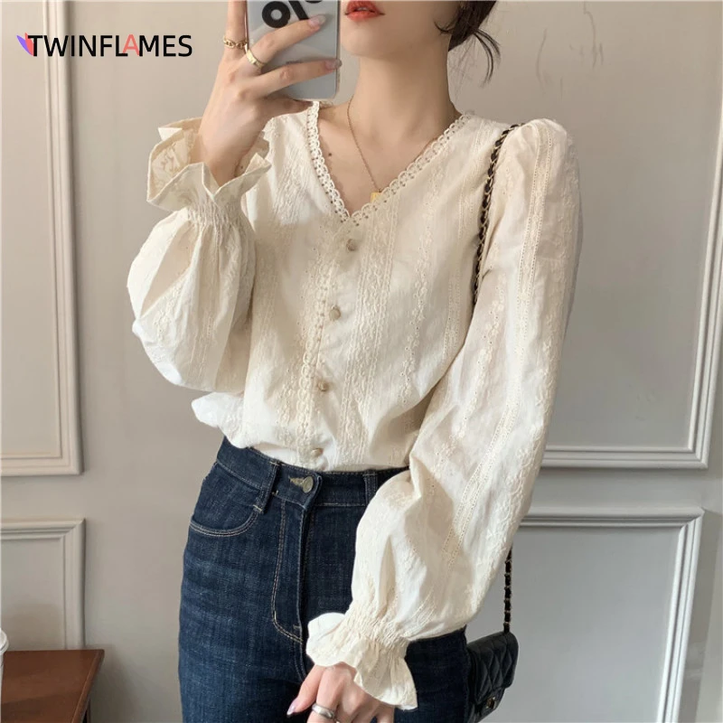 TWINFLAMES Fashion Embroidery Shirts for Women Lace V Neck Long Sleeve Blouses Button Korean Elegant Plus Size Shirt Female Tops
TWINFLAMES Fashion Embroidery Shirts for Women Lace V Neck Long Sleeve Blouses Button Korean Elegant Plus Size Shirt Female Tops