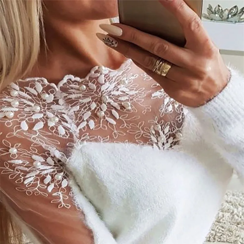 2021 Autumn Winter Women Elegant Solid Color Sweaters Sexy Off Shoulder Lace Pullovers Tops Ladies Casual Long Sleeve Knitwear
2021 Autumn Winter Women Elegant Solid Color Sweaters Sexy Off Shoulder Lace Pullovers Tops Ladies Casual Long Sleeve Knitwear