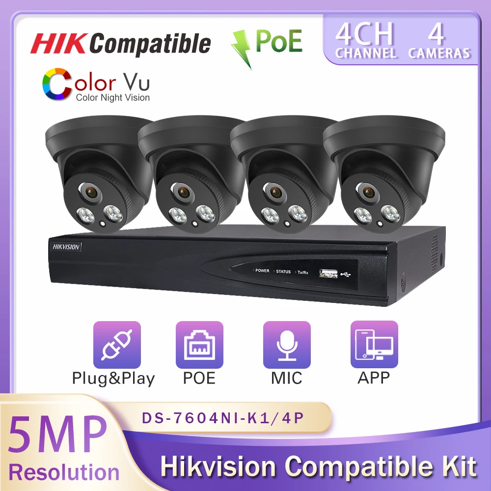 

Hikvision Compatible Kits 4PCS ColorVu IP Camera 5MP Built-in Microphone 4CH POE NVR DS-7604NI-K1/4P CCTV Security System P2P