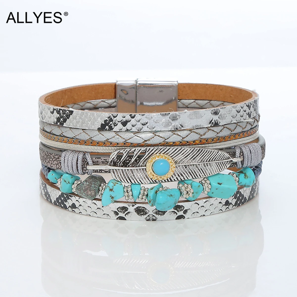 ALLYES Boho Snake Skin Leather Bracelets for Women Fashion Natural Stone Beads Feather Charm Bracelet Bangle Female Jewelry
ALLYES Boho Snake Skin Leather Bracelets for Women Fashion Natural Stone Beads Feather Charm Bracelet Bangle Female Jewelry