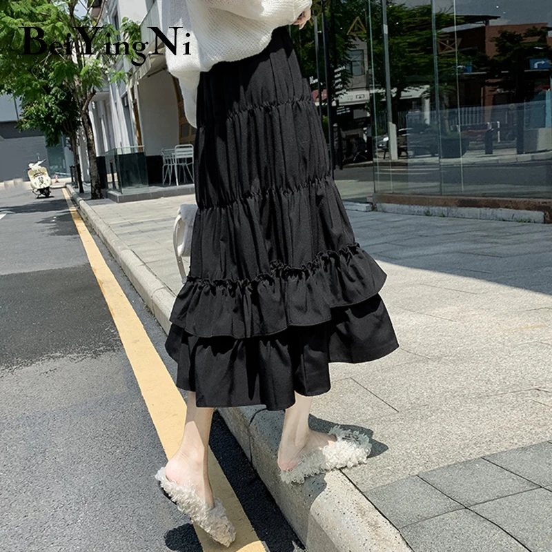 

Beiyingni Vintage Midi Skirts Womens Plain Casual Long Patchwork Fashion High Waist Tutu Skirt Black Elegant Chic Ruffles Faldas