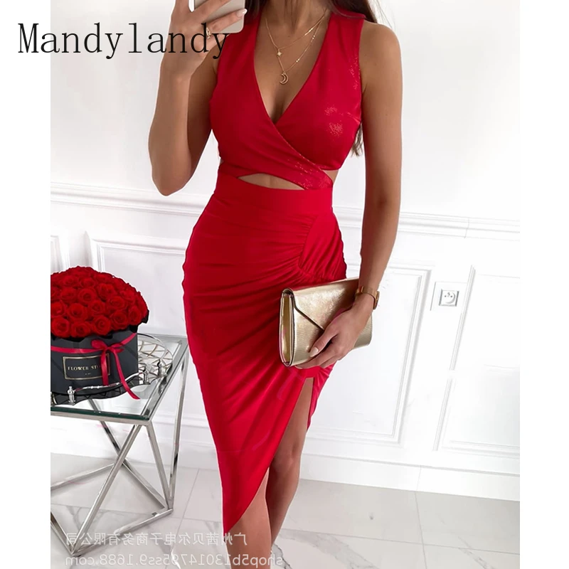 

Mandylandy Dress Summer Sexy Sleeveless Solid Color Pleated Irregular Dress Women's Casual Hollow Out V-neck Slim Dress
